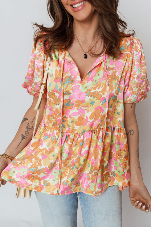 Split V Neck Short Sleeve Floral Print Relaxed Blouse