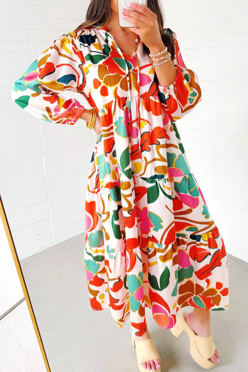 Split V Neck Tiered Floral Maxi Dresses