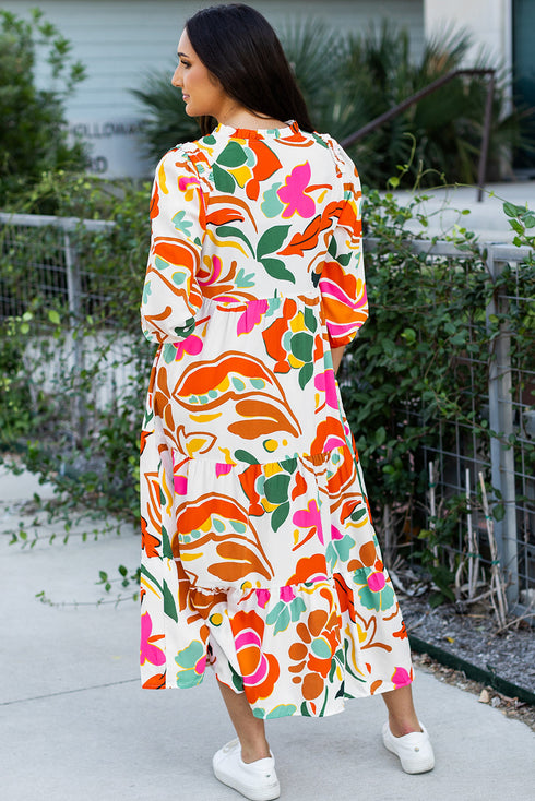 Split V Neck Tiered Floral Maxi Dresses