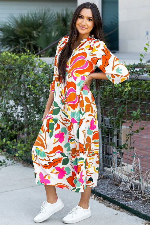 Split V Neck Tiered Floral Maxi Dresses