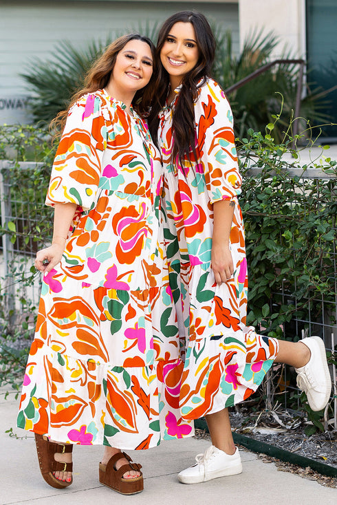 Split V Neck Tiered Floral Maxi Dresses