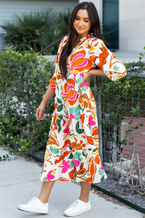 Split V Neck Tiered Floral Maxi Dresses