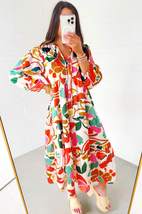 Split V Neck Tiered Floral Maxi Dresses
