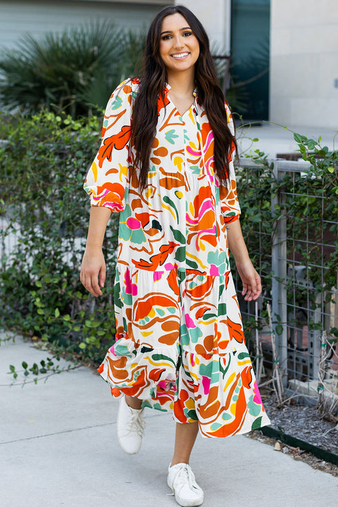 Split V Neck Tiered Floral Maxi Dresses
