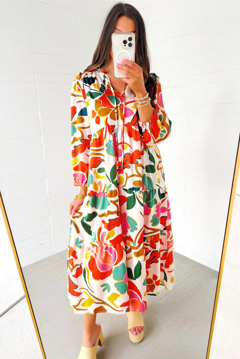 Split V Neck Tiered Floral Maxi Dresses