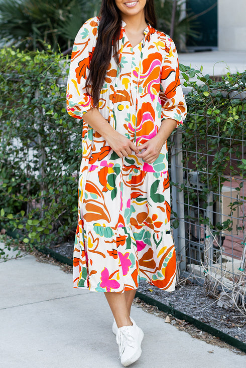 Split V Neck Tiered Floral Maxi Dresses