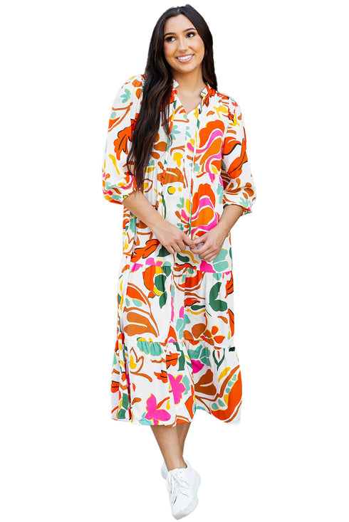 Split V Neck Tiered Floral Maxi Dresses
