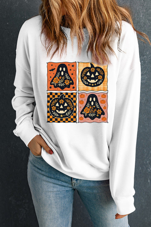 Spooky Floral Ghost And Jack O Lantern Graphic Sweatshirt