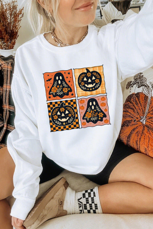 Spooky Floral Ghost And Jack O Lantern Graphic Sweatshirt