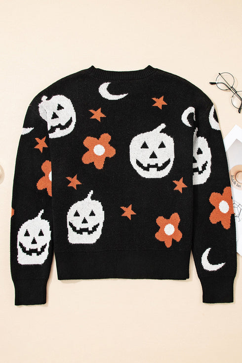 Spooky Ghost And Floral Pattern Crew Neck Sweater