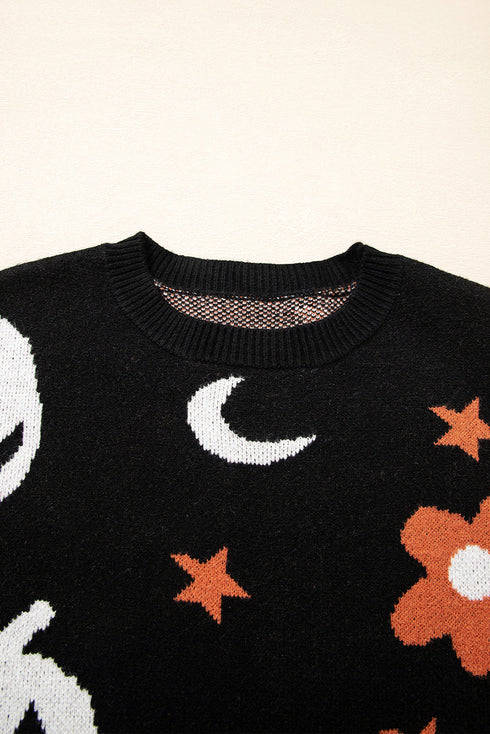 Spooky Ghost And Floral Pattern Crew Neck Sweater
