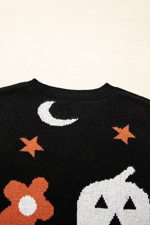Spooky Ghost And Floral Pattern Crew Neck Sweater