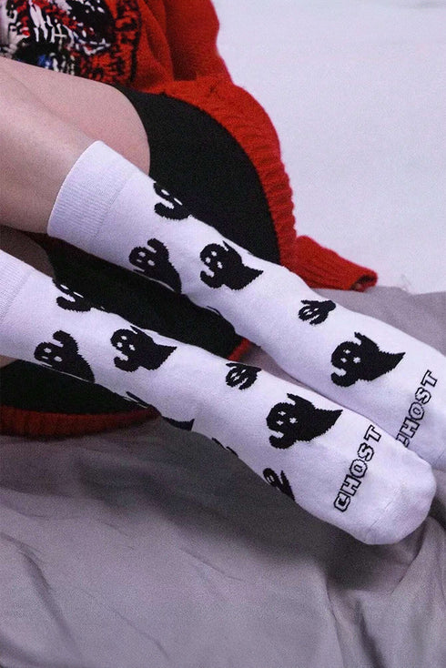 Spooky Ghost Graphic Cotton Knit Halloween Mid Calf Socks