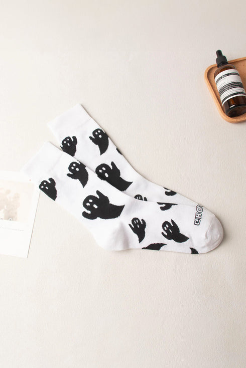 Spooky Ghost Graphic Cotton Knit Halloween Mid Calf Socks