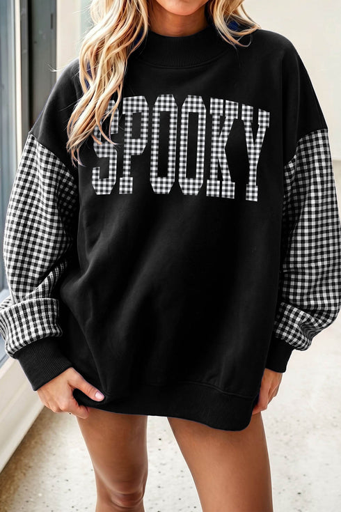 Spooky Letter Graphic Plaid Sleeve Pullover Sweatshirt