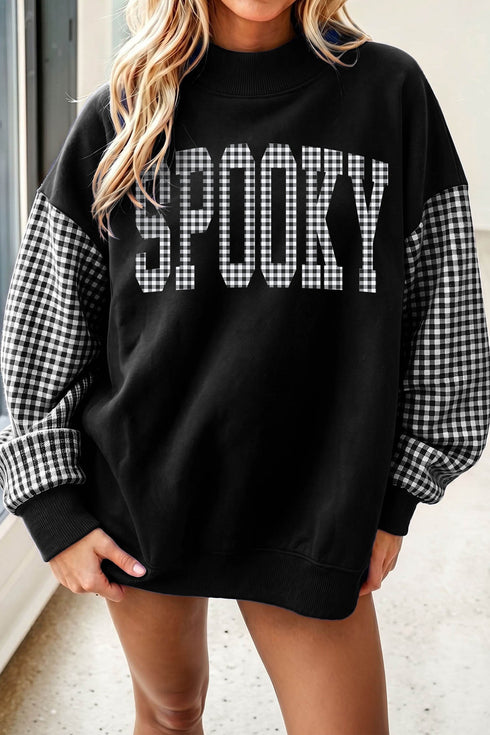 Spooky Letter Graphic Plaid Sleeve Pullover Sweatshirt