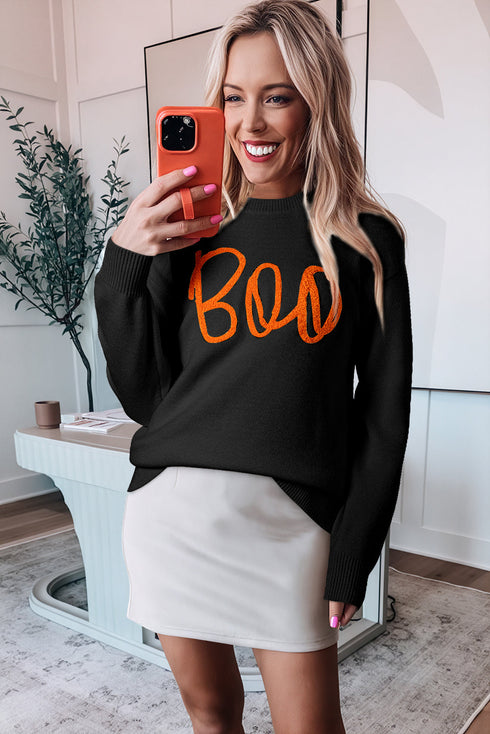 Spooky Season Script Graphic Knit Pullover Sweater