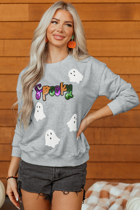 Spooky Sequin Ghost Graphic Crew Neck Pullover Sweatshirt