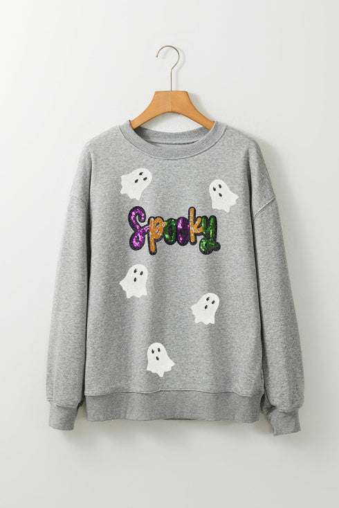 Spooky Sequin Ghost Graphic Crew Neck Pullover Sweatshirt