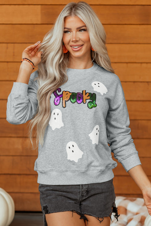 Spooky Sequin Ghost Graphic Crew Neck Pullover Sweatshirt