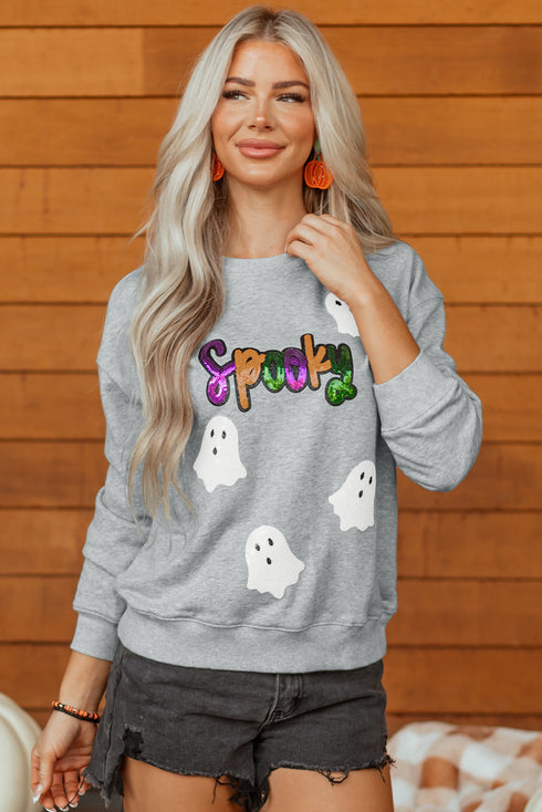 Spooky Sequin Ghost Graphic Crew Neck Pullover Sweatshirt
