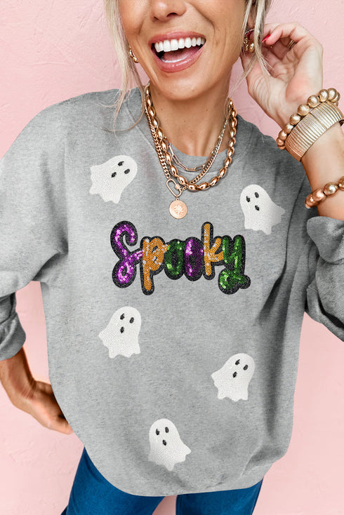 Spooky Sequin Ghost Graphic Crew Neck Pullover Sweatshirt