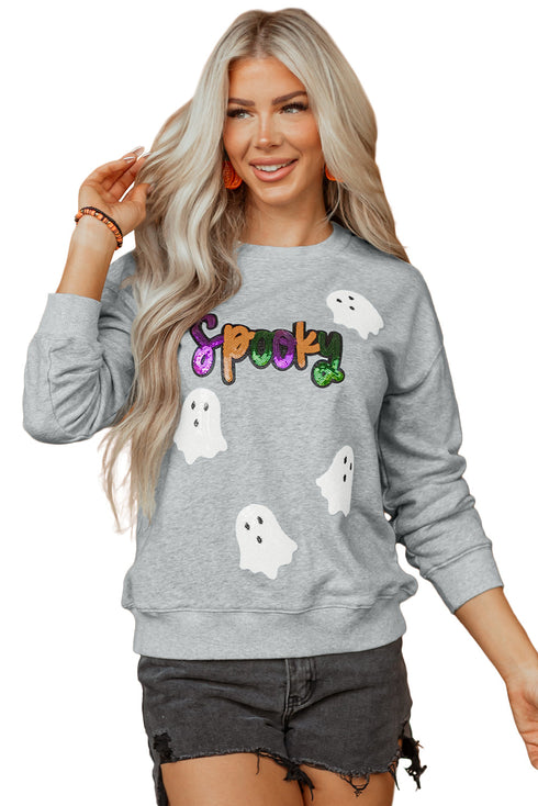 Spooky Sequin Ghost Graphic Crew Neck Pullover Sweatshirt