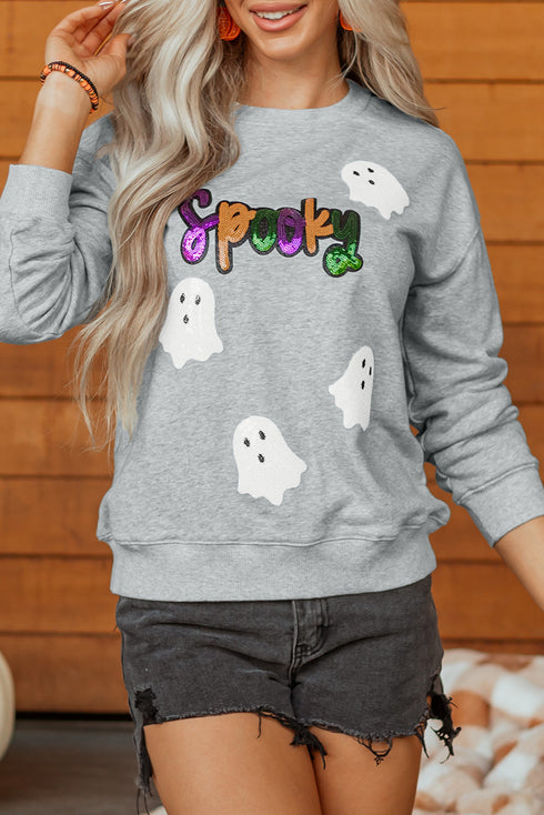 Spooky Sequin Ghost Graphic Crew Neck Pullover Sweatshirt
