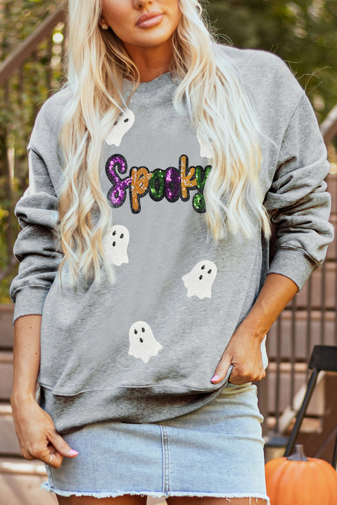 Spooky Sequin Ghost Graphic Crew Neck Pullover Sweatshirt