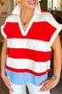 Sporty Chic Striped Trim V Neck Cuffed Dolman Sleeve Summer Top