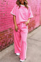 Sporty Chic Varsity Stripe Trim Crew Neck Tee Wide Leg Loungewear Set
