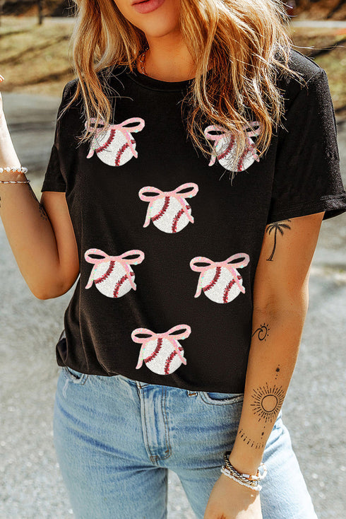 Sporty Embellished Baseball Bow Graphic Cuffed Tee