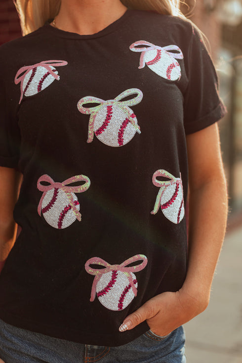 Sporty Embellished Baseball Bow Graphic Cuffed Tee