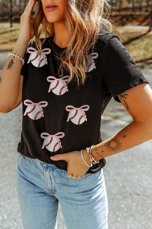Sporty Embellished Baseball Bow Graphic Cuffed Tee