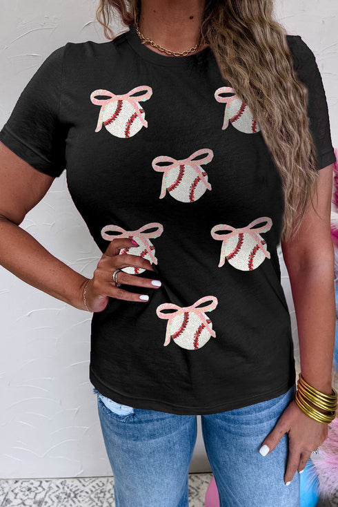 Sporty Embellished Baseball Bow Graphic Cuffed Tee