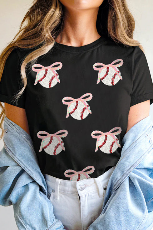 Sporty Embellished Baseball Bow Graphic Cuffed Tee