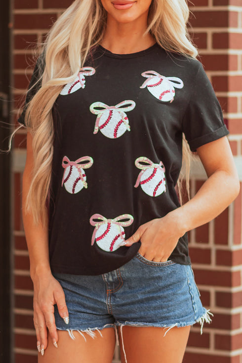 Sporty Embellished Baseball Bow Graphic Cuffed Tee