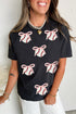 Sporty Embellished Baseball Bow Graphic Cuffed Tee