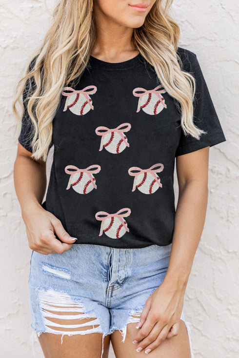Sporty Embellished Baseball Bow Graphic Cuffed Tee