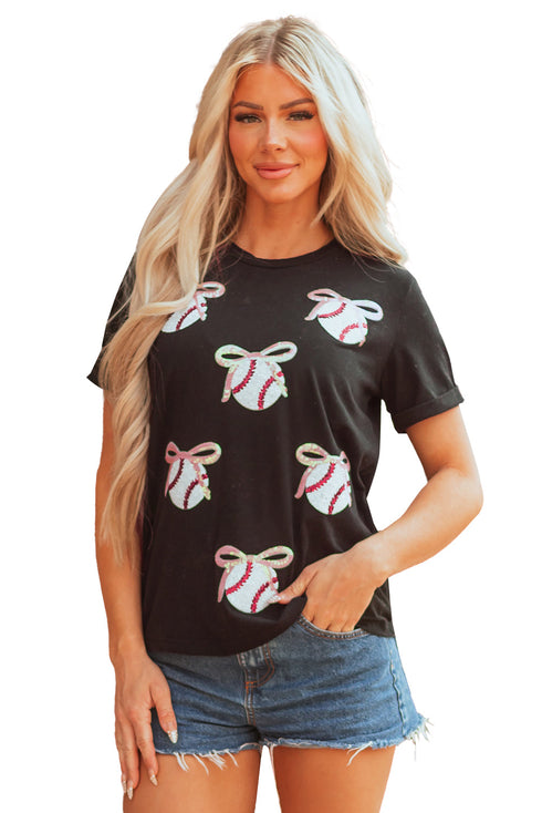 Sporty Embellished Baseball Bow Graphic Cuffed Tee