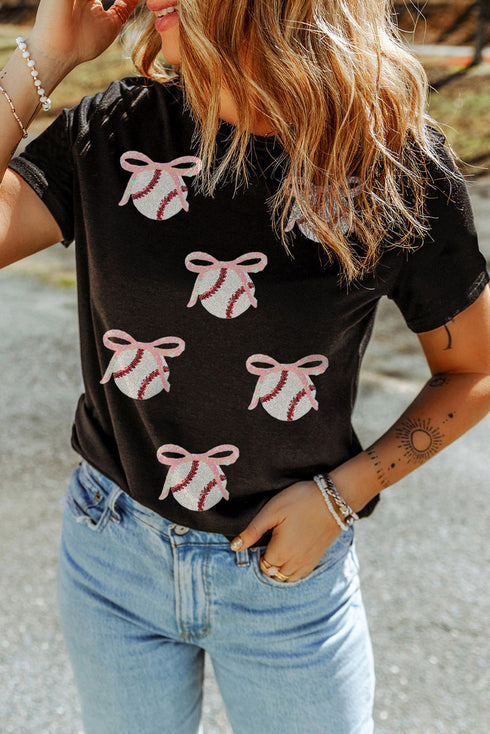 Sporty Embellished Baseball Bow Graphic Cuffed Tee