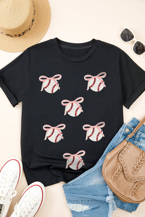 Sporty Embellished Baseball Bow Graphic Cuffed Tee