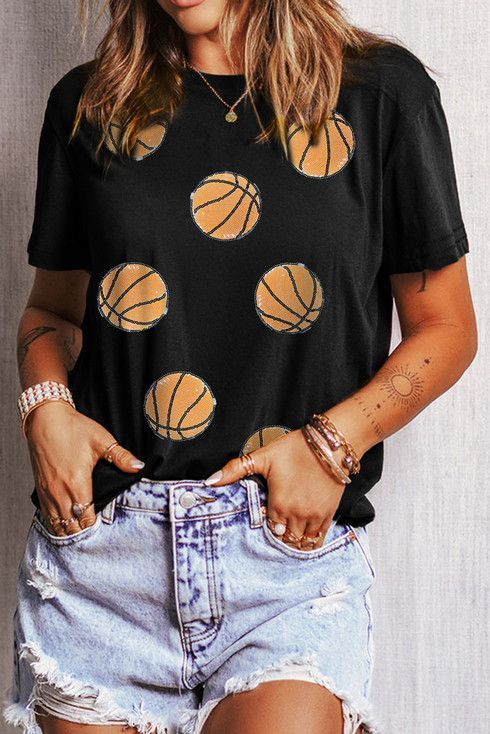 Sporty Embellished Basketball Graphic Short Sleeve Crew Neck Tee