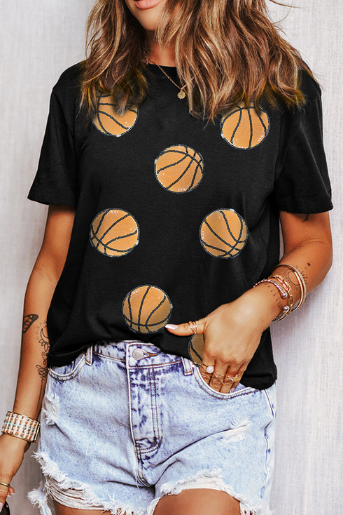 Sporty Embellished Basketball Graphic Short Sleeve Crew Neck Tee