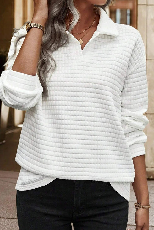 Sporty Quilted Texture Collared Long Sleeve Pullover Top