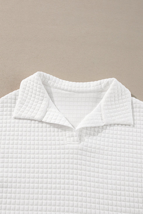 Sporty Quilted Texture Collared Long Sleeve Pullover Top