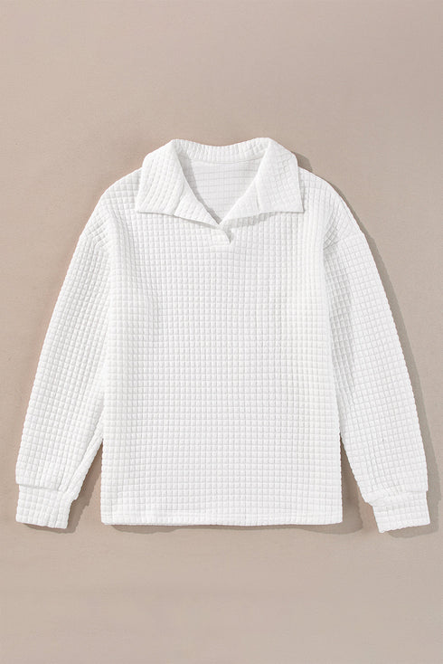 Sporty Quilted Texture Collared Long Sleeve Pullover Top
