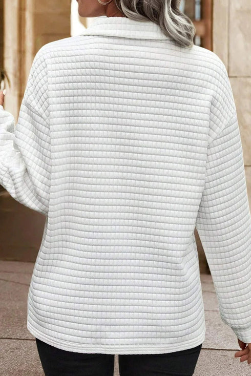 Sporty Quilted Texture Collared Long Sleeve Pullover Top