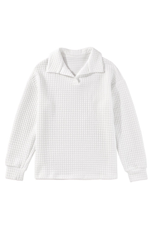 Sporty Quilted Texture Collared Long Sleeve Pullover Top