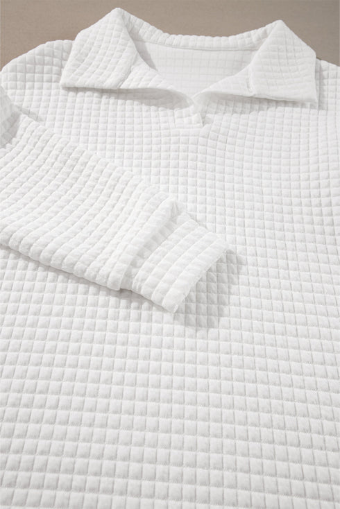 Sporty Quilted Texture Collared Long Sleeve Pullover Top